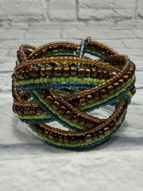 Multistrand Seed Bead Cuff Bracelet - Green, Blue & Bronze